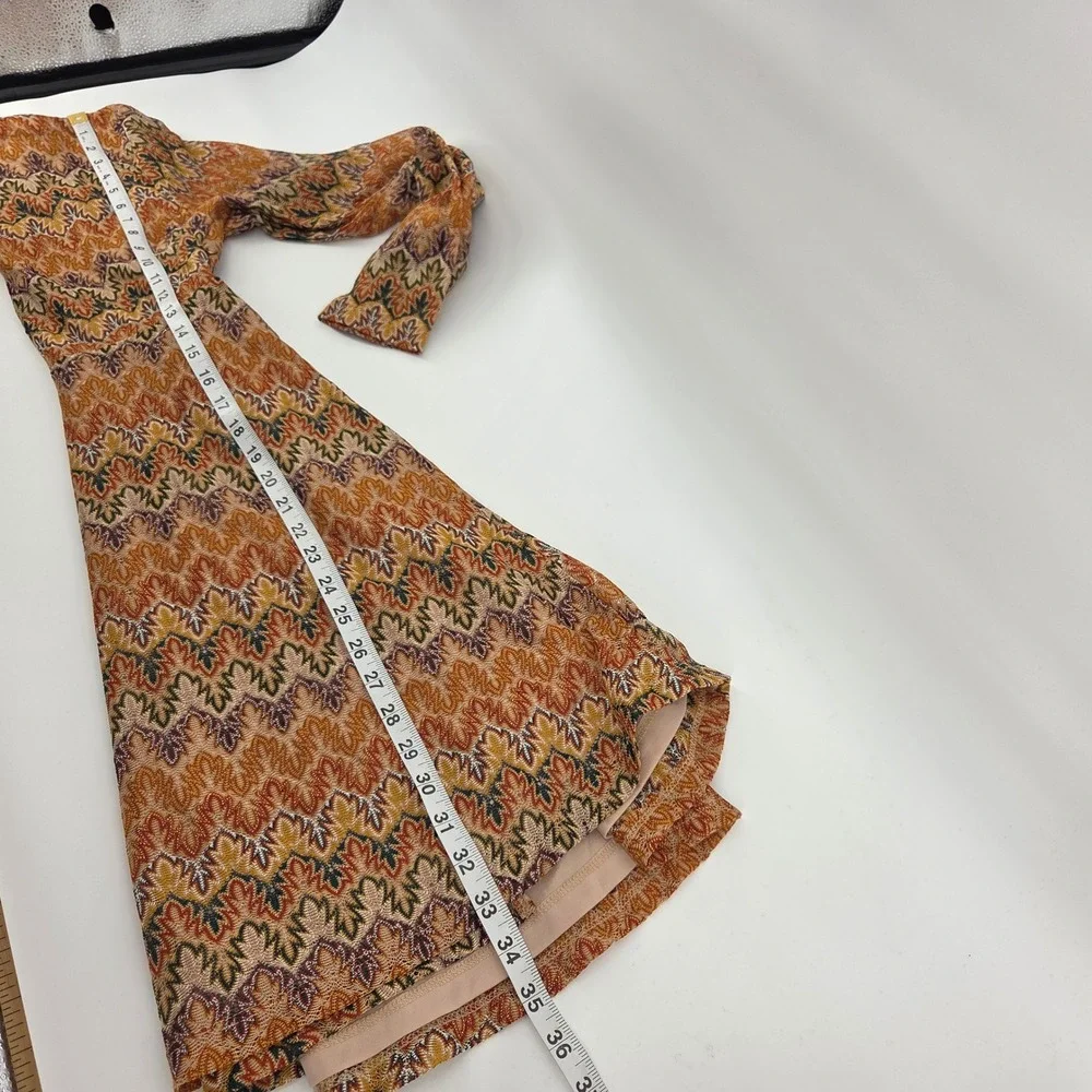 Francesca's Mi Ami Wrap Dress XS‎ Mustard Zigzag Metallic Long Sleeve Boho Retro